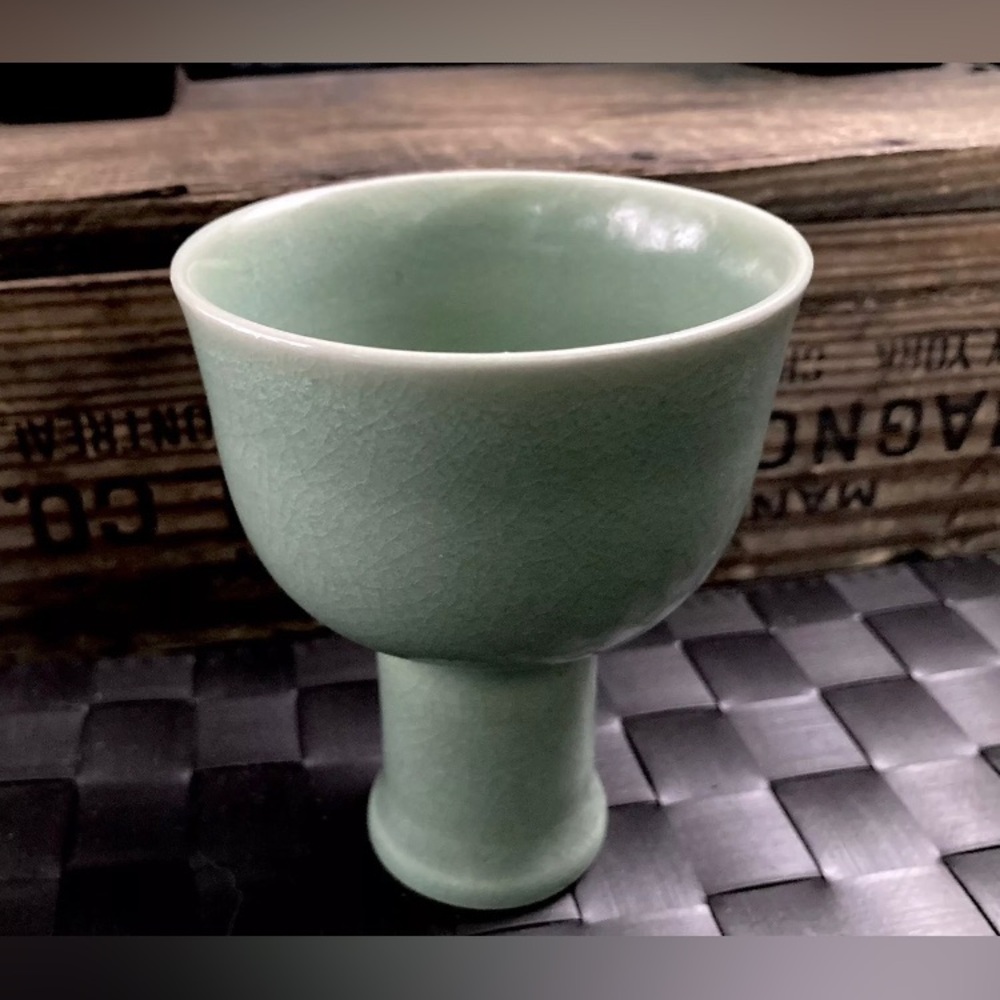 Rare Vintage Chinese Celadon Green Glazed Stem Cup